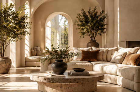 A sunlit living room with layered antique vases and a linen sofa
